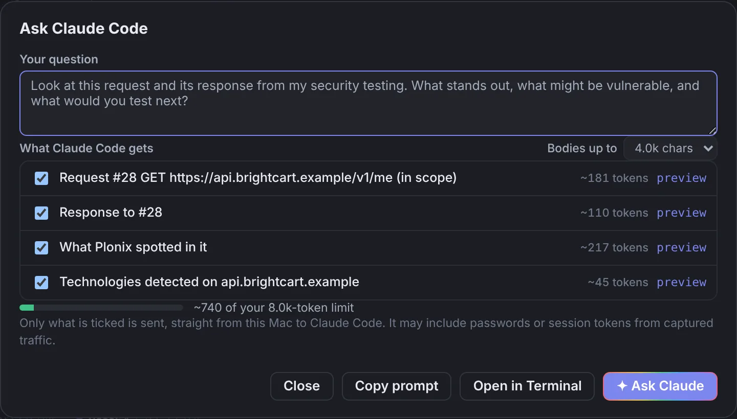 The Ask Claude Code dialog: a question and the request, response, spotted values and technologies it will share, each with a token count.