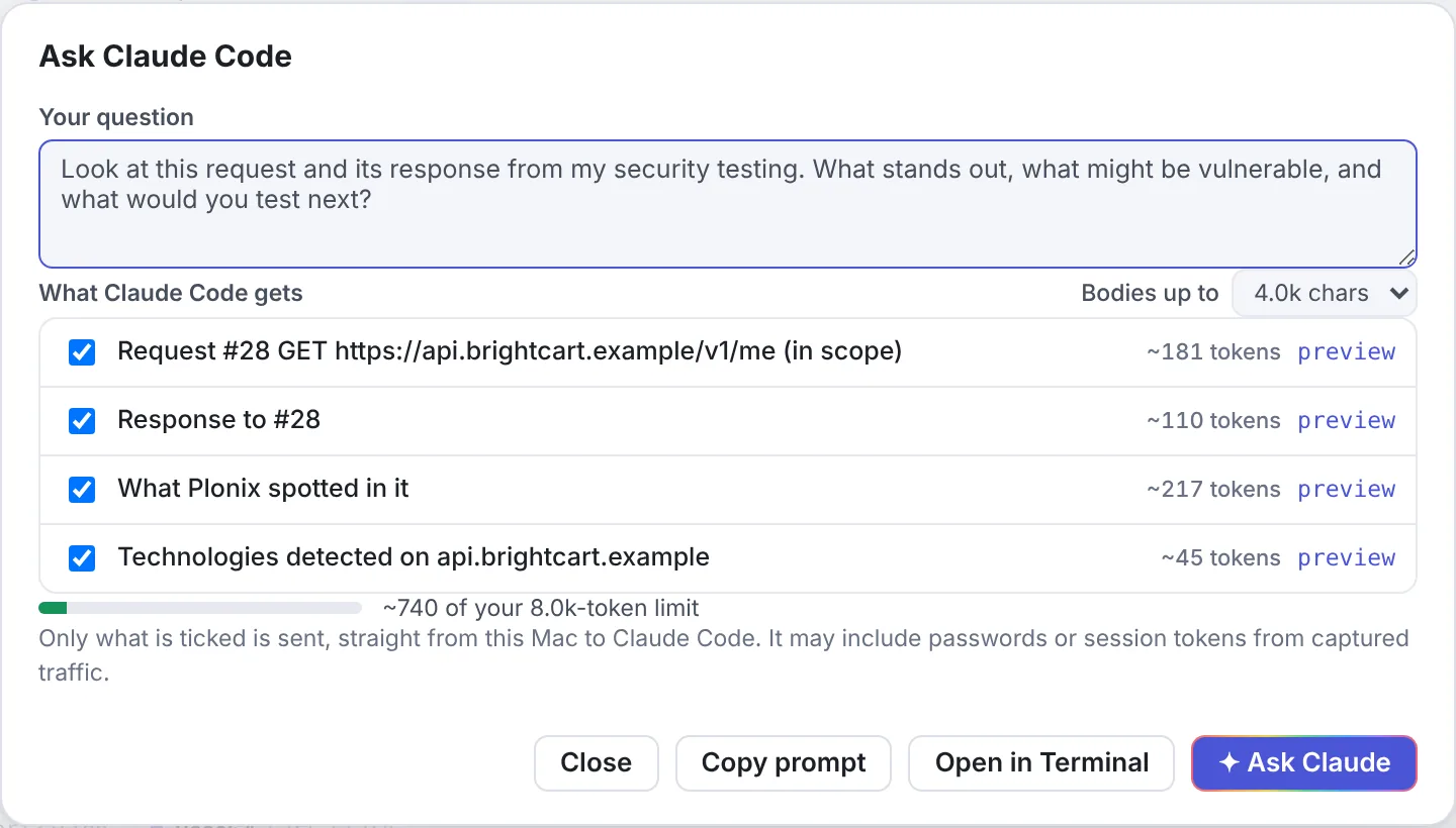 The Ask Claude Code dialog: a question and the request, response, spotted values and technologies it will share, each with a token count.