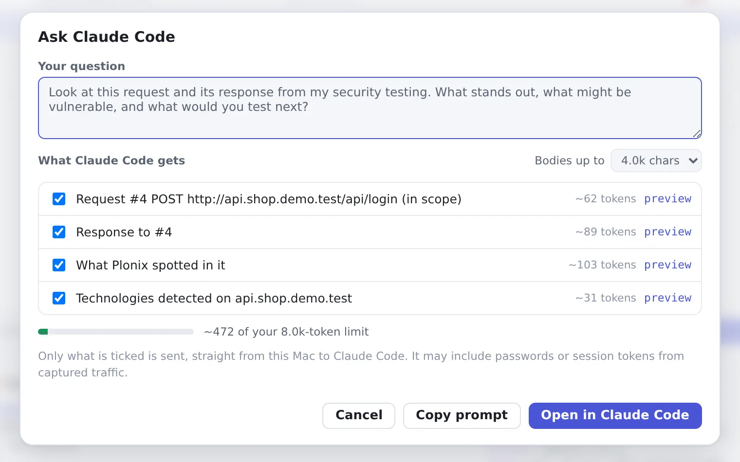 The Ask Claude Code dialog: a question, the request, response, spotted values and detected technologies it will share, each with a token count, and a context limit.
