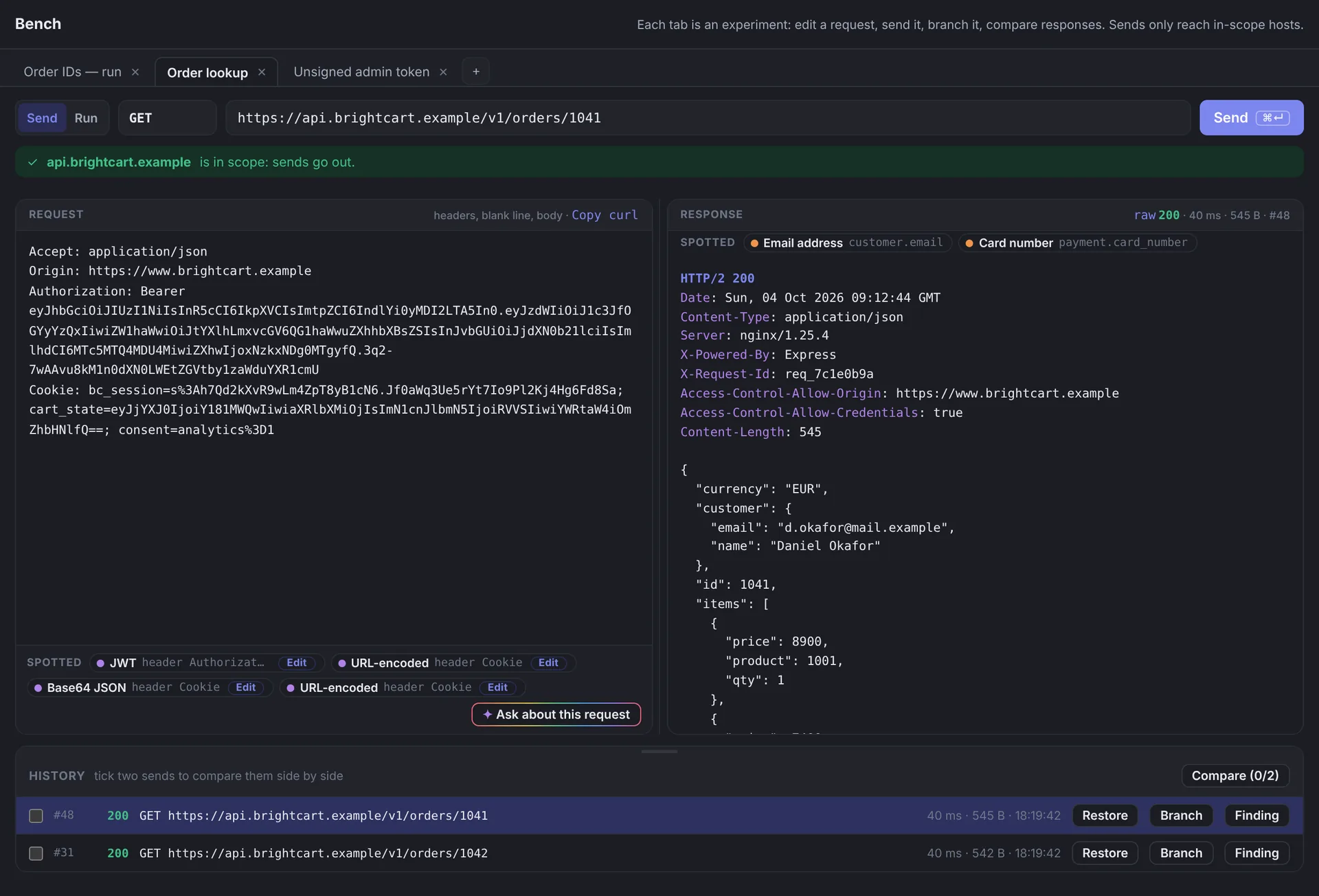 The Bench: a request on the left, its JSON response on the right, and the send history below with Restore, Branch and Finding buttons.