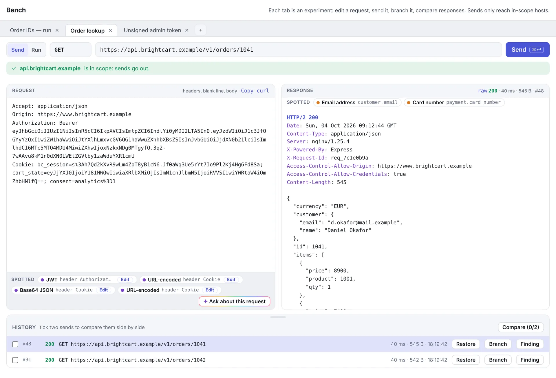 The Bench: a request on the left, its JSON response on the right, and the send history below with Restore, Branch and Finding buttons.