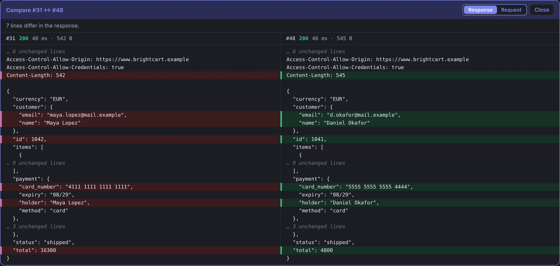 Compare view on the Bench: two order lookups side by side, with the changed lines highlighted. The second order shows another customer's name, email, card number and total.