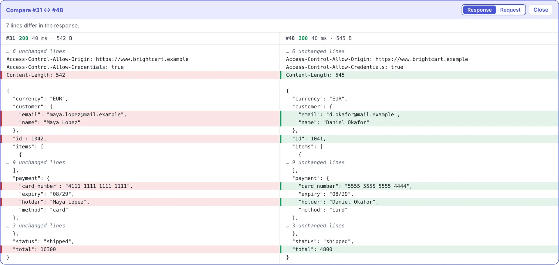 Compare view on the Bench: two order lookups side by side, with the changed lines highlighted. The second order shows another customer's name, email, card number and total.