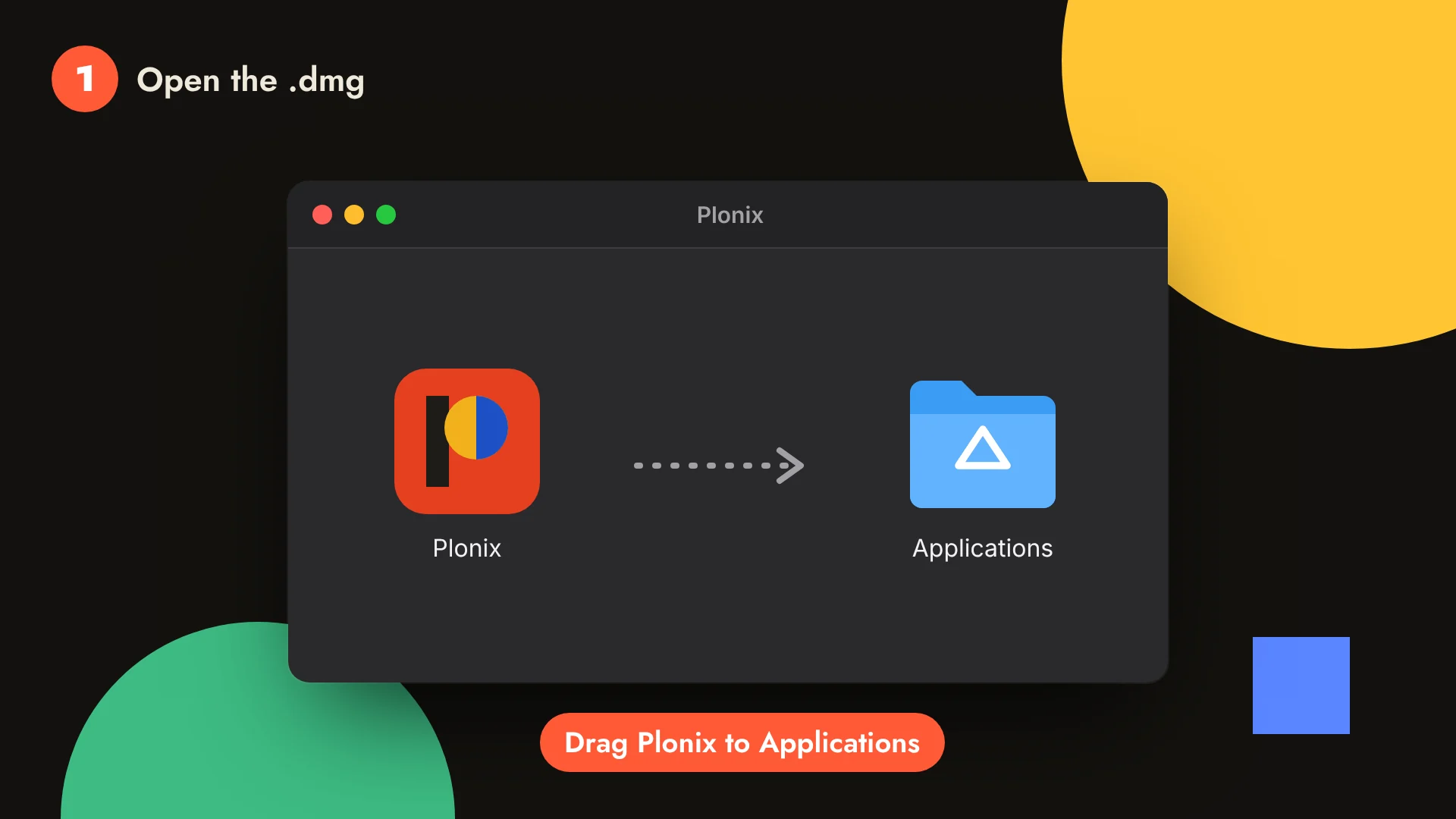 A Plonix disk image window: drag the Plonix icon onto the Applications folder