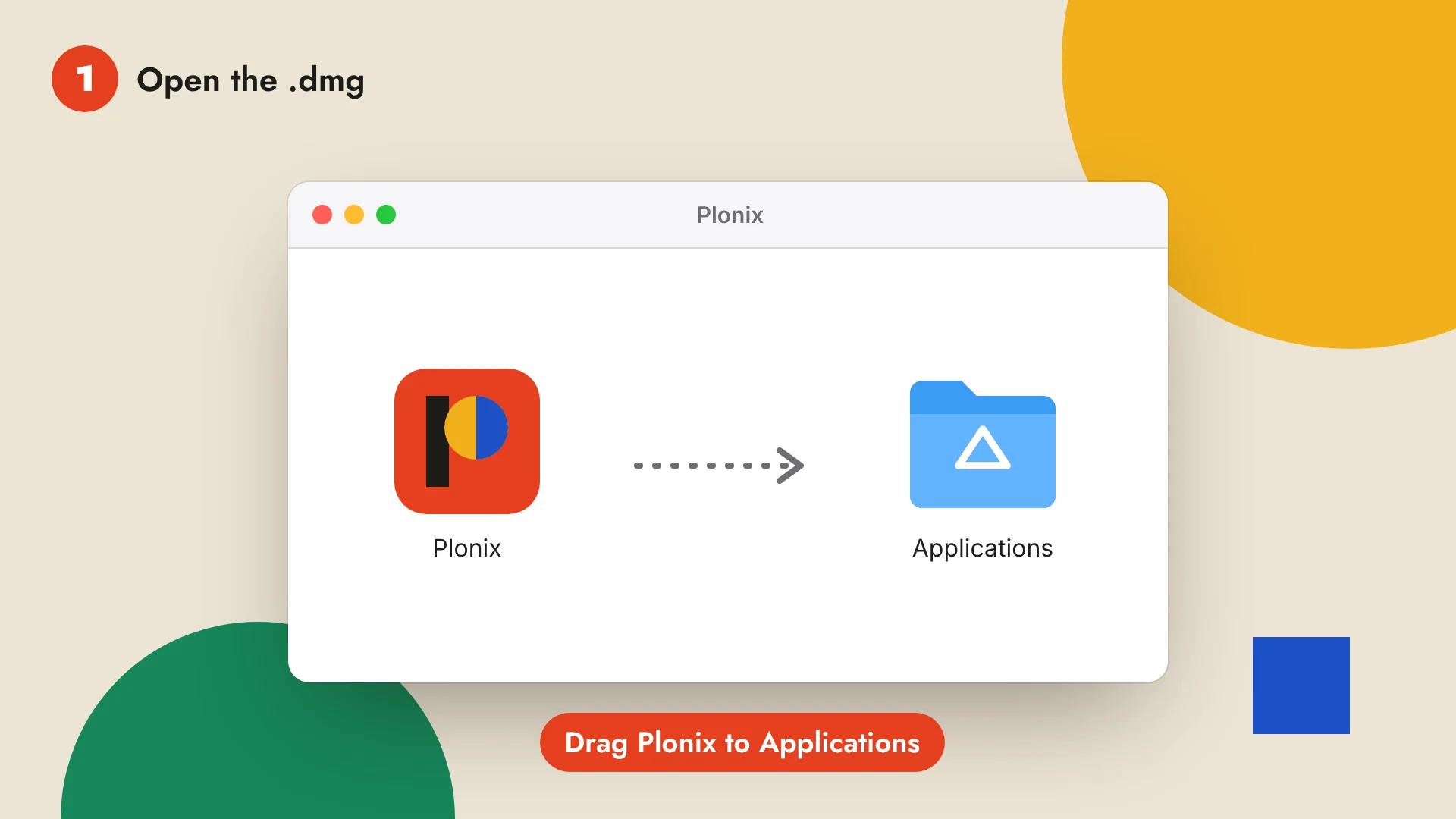 A Plonix disk image window: drag the Plonix icon onto the Applications folder