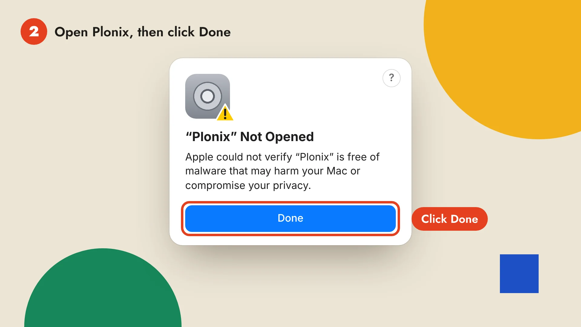 The macOS dialog: "Plonix" Not Opened. Apple could not verify "Plonix" is free of malware that may harm your Mac or compromise your privacy. Click Done.