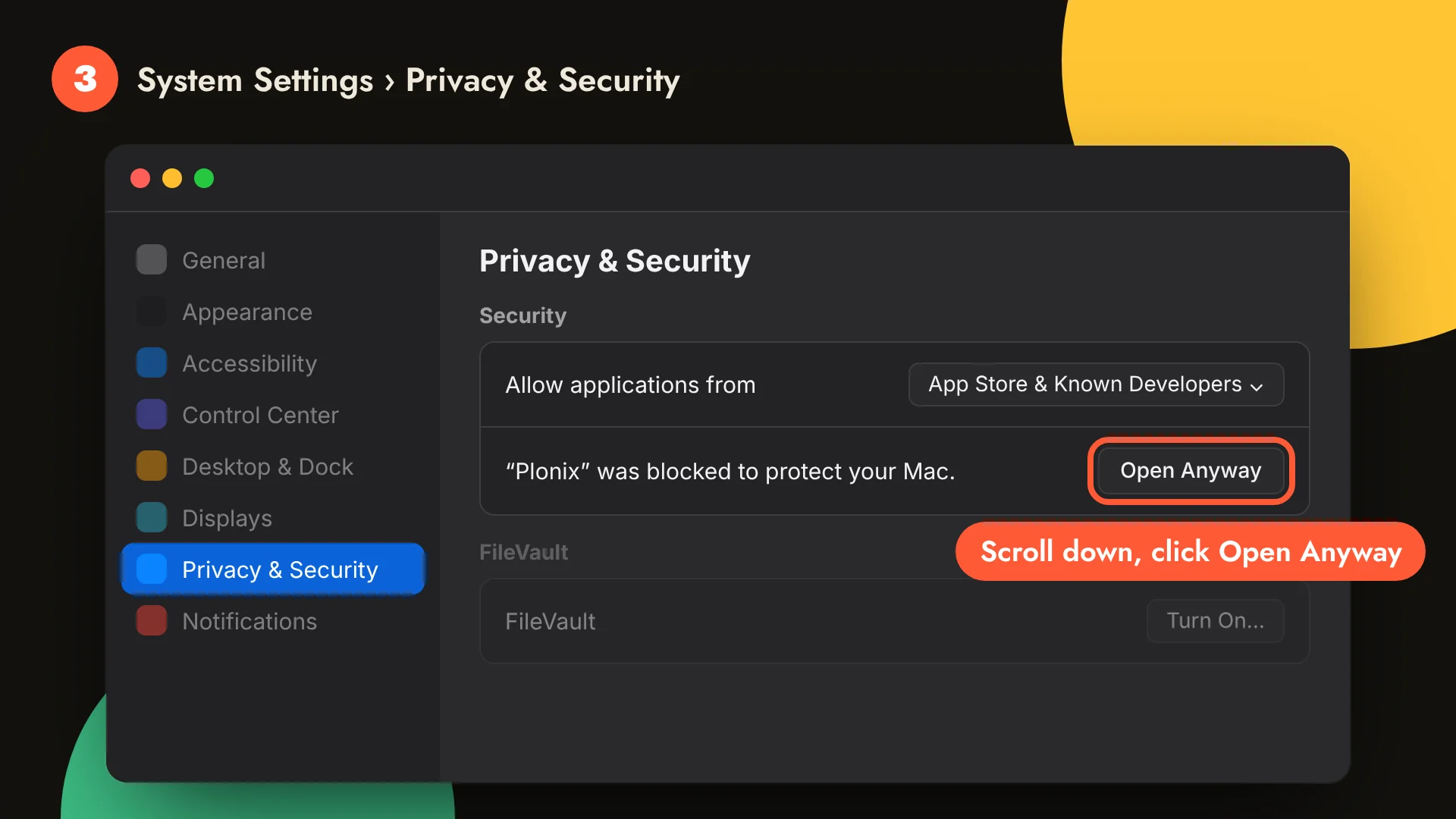 System Settings, Privacy & Security: under Security, "Plonix" was blocked to protect your Mac, with an Open Anyway button