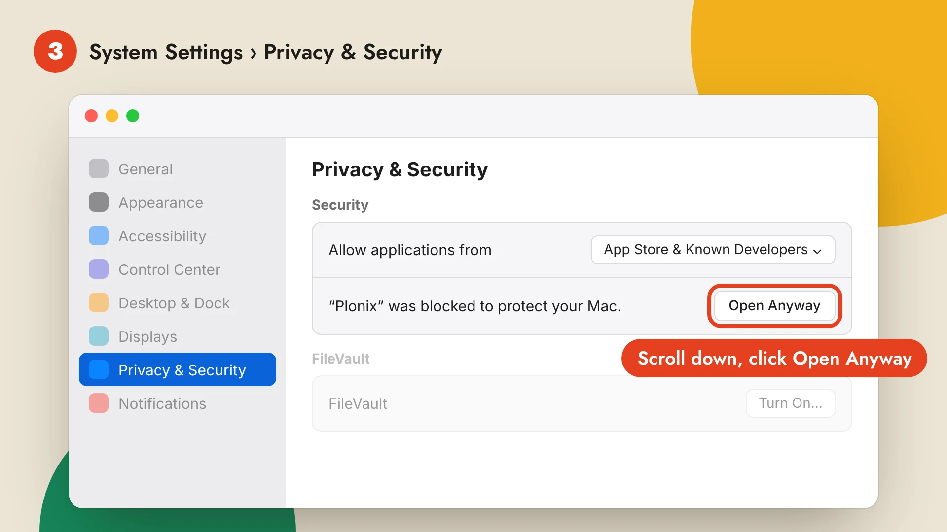 System Settings, Privacy & Security: under Security, "Plonix" was blocked to protect your Mac, with an Open Anyway button
