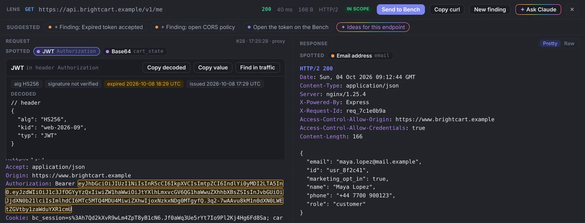 The Lens with a JWT spotted in the authorization header, its header decoded, and the token highlighted in the request.