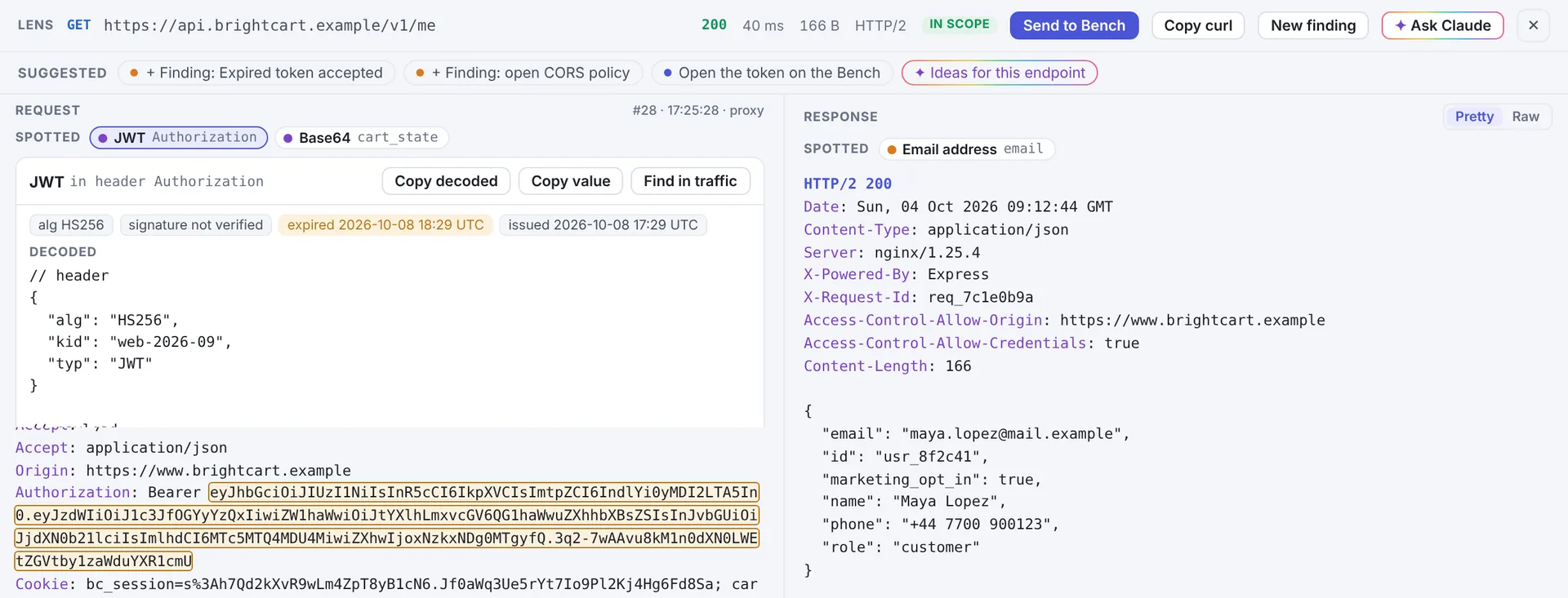 The Lens with a JWT spotted in the authorization header, its header decoded, and the token highlighted in the request.