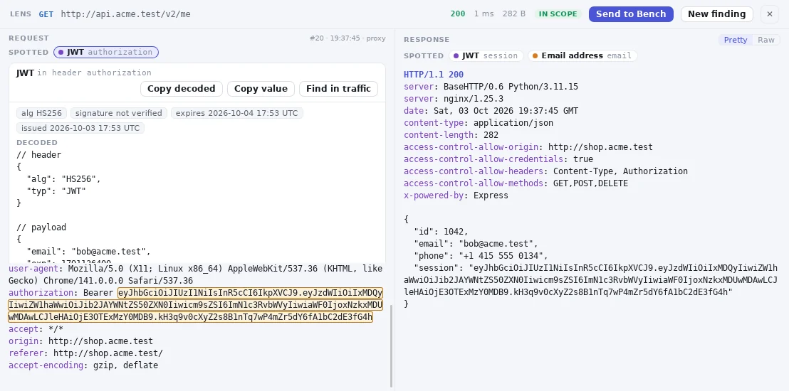 The Lens with a JWT spotted in the authorization header, its header and payload decoded, and the token highlighted in the request.