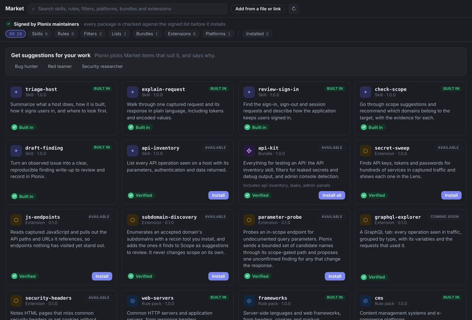 The Market: skills, extensions and rule packs, each marked Built in or Verified, with Install buttons.