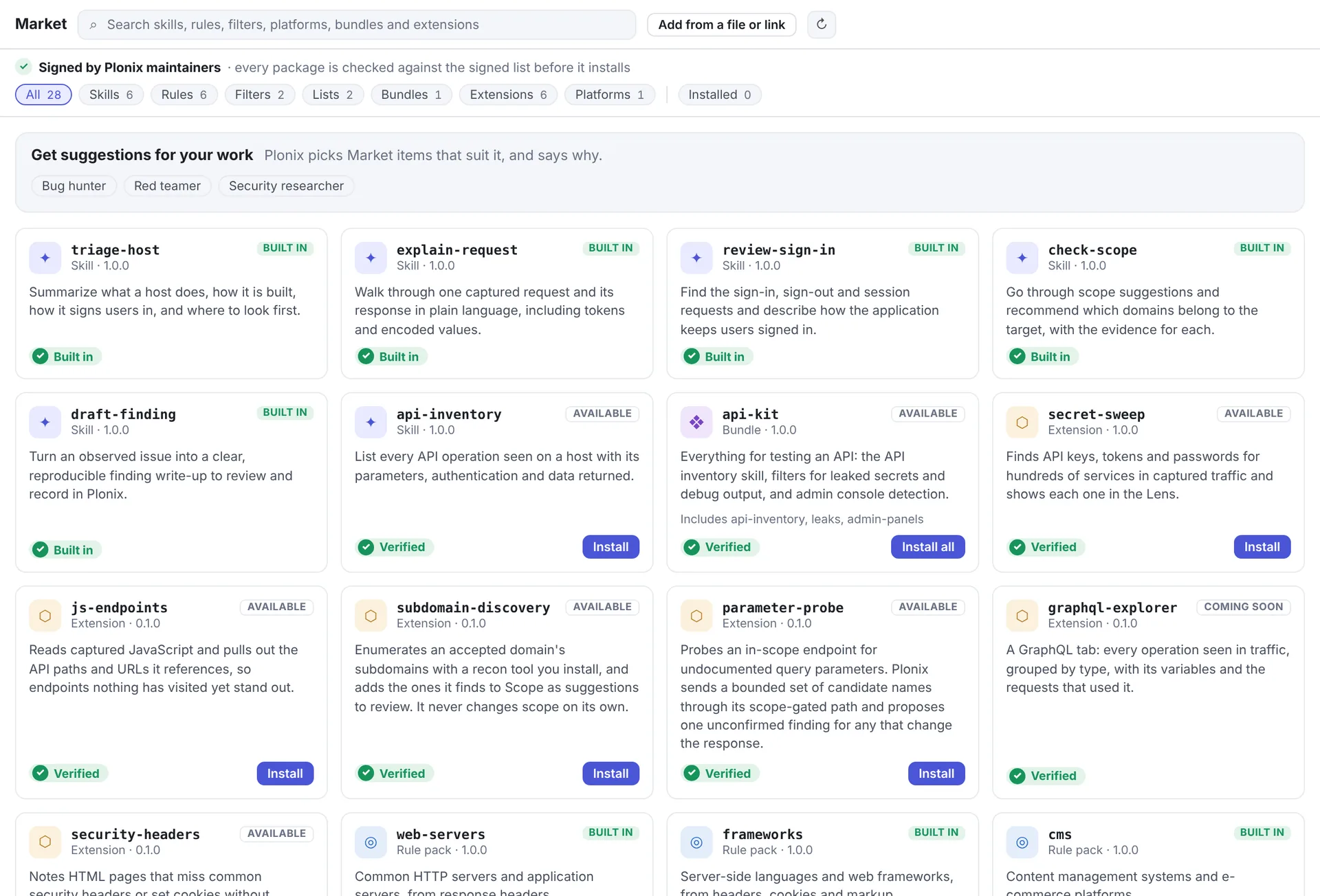 The Market: skills, extensions and rule packs, each marked Built in or Verified, with Install buttons.