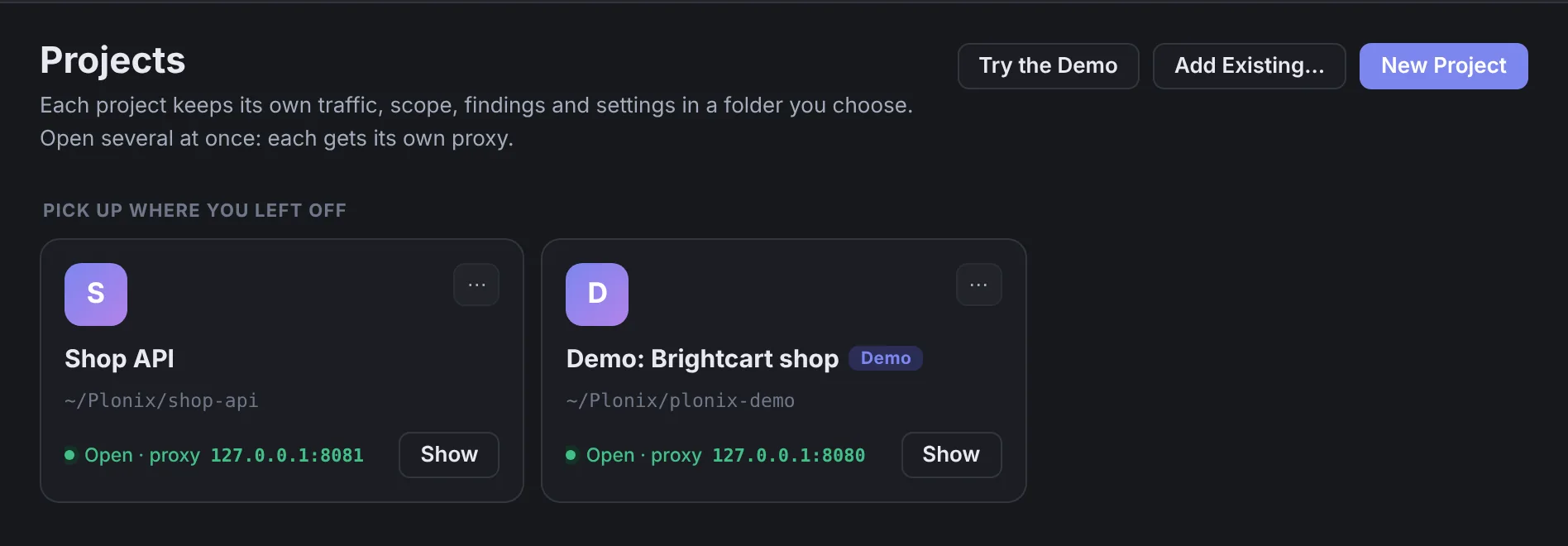 The Projects screen with two open projects, Shop API on proxy port 8081 and the Brightcart demo on port 8080.