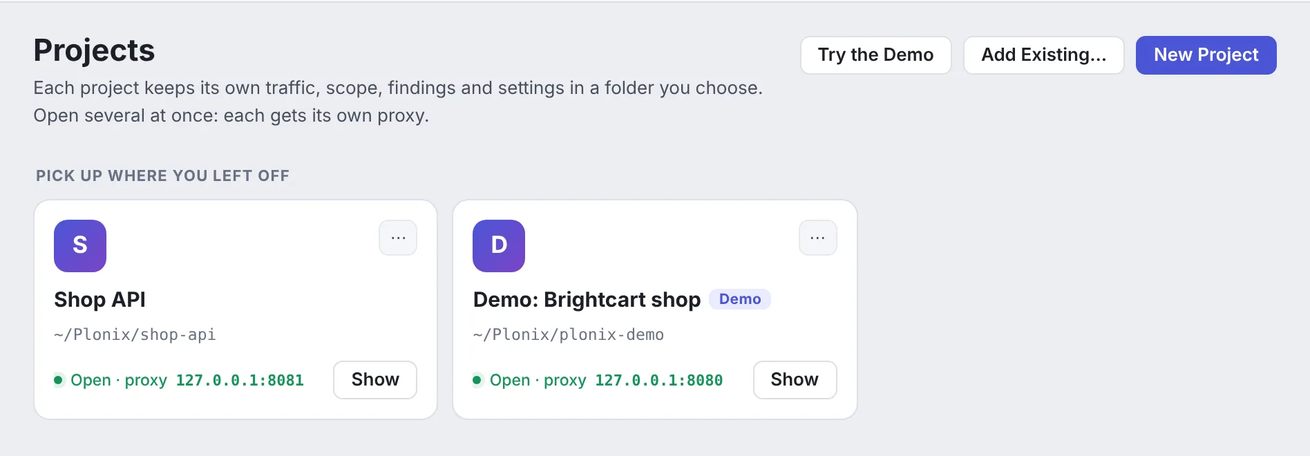 The Projects screen with two open projects, Shop API on proxy port 8081 and the Brightcart demo on port 8080.