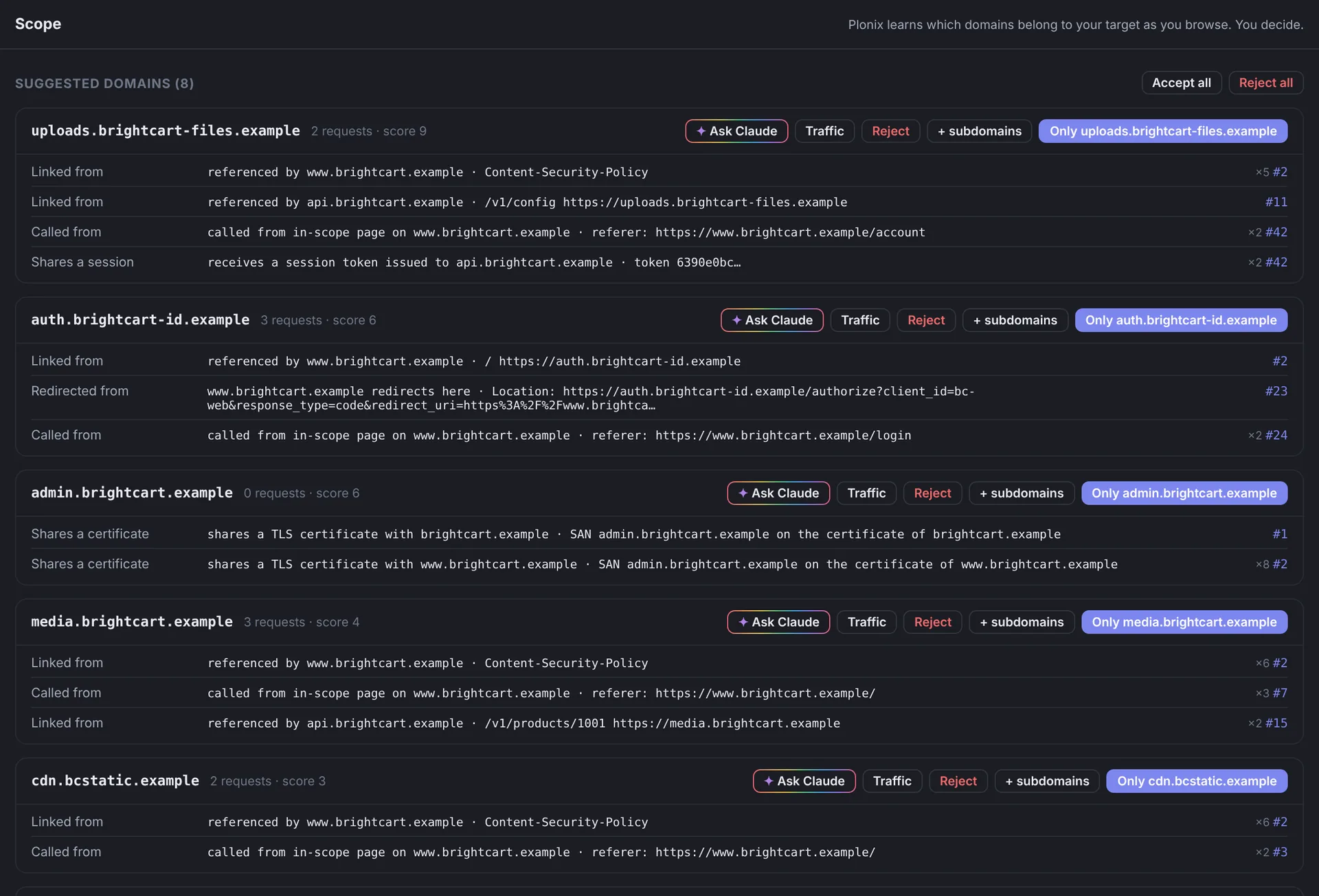 The Scope screen: suggested domains, each with the evidence that links it to the target, and buttons to accept or reject.