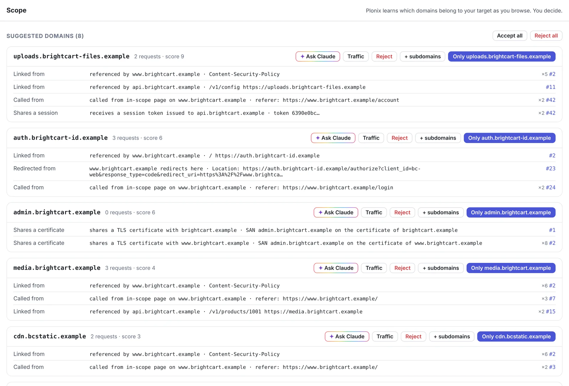 The Scope screen: suggested domains, each with the evidence that links it to the target, and buttons to accept or reject.