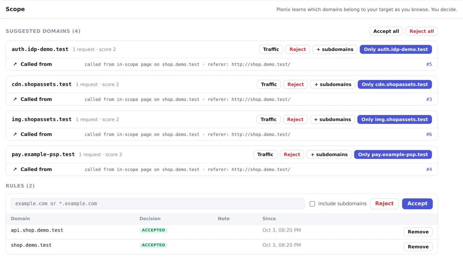 The Scope screen: four suggested domains, each with the evidence that it was called from an in-scope page, and buttons to accept or reject.
