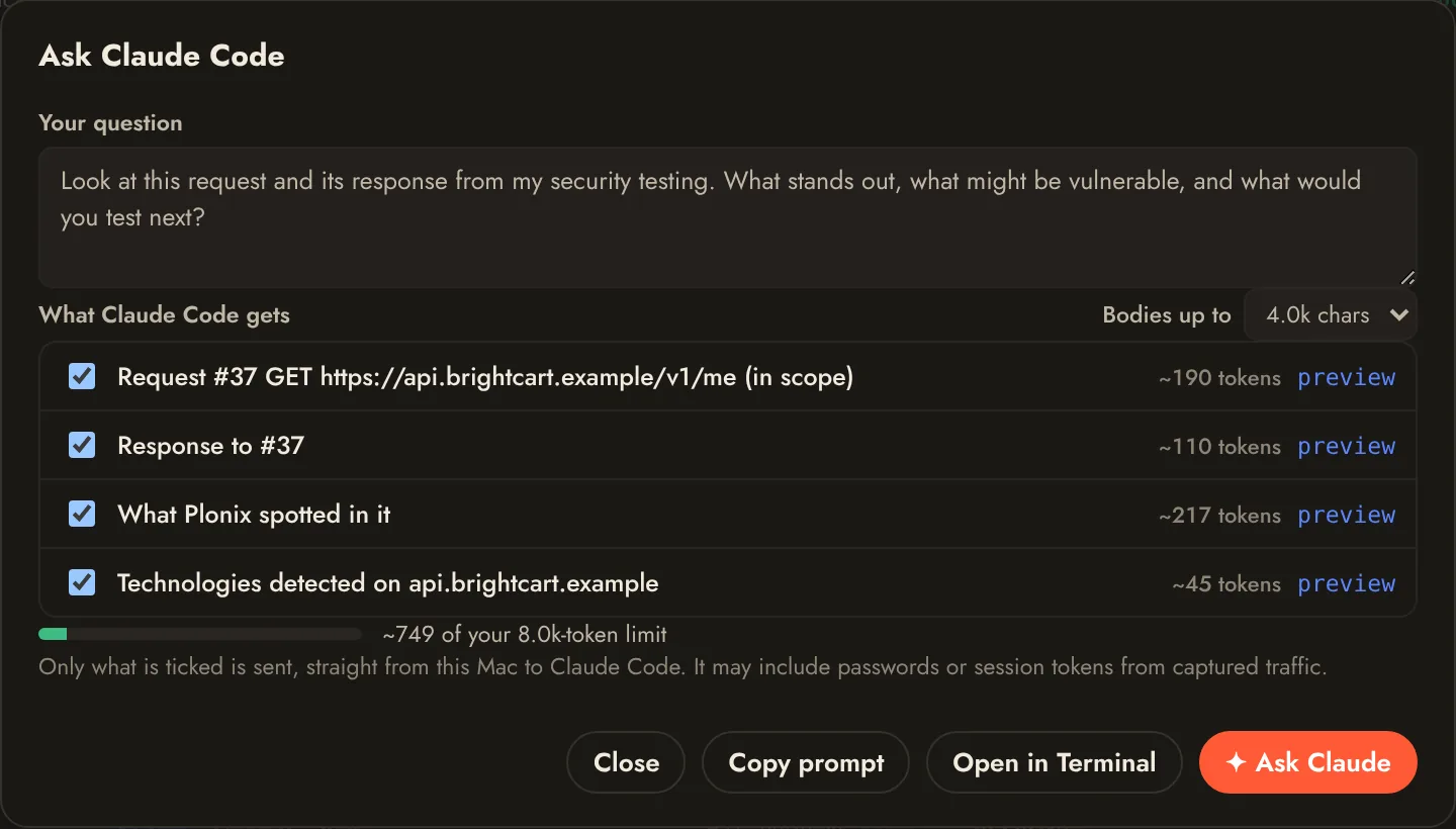The Ask Claude Code dialog: a question and the request, response, spotted values and technologies it will share, each with a token count.