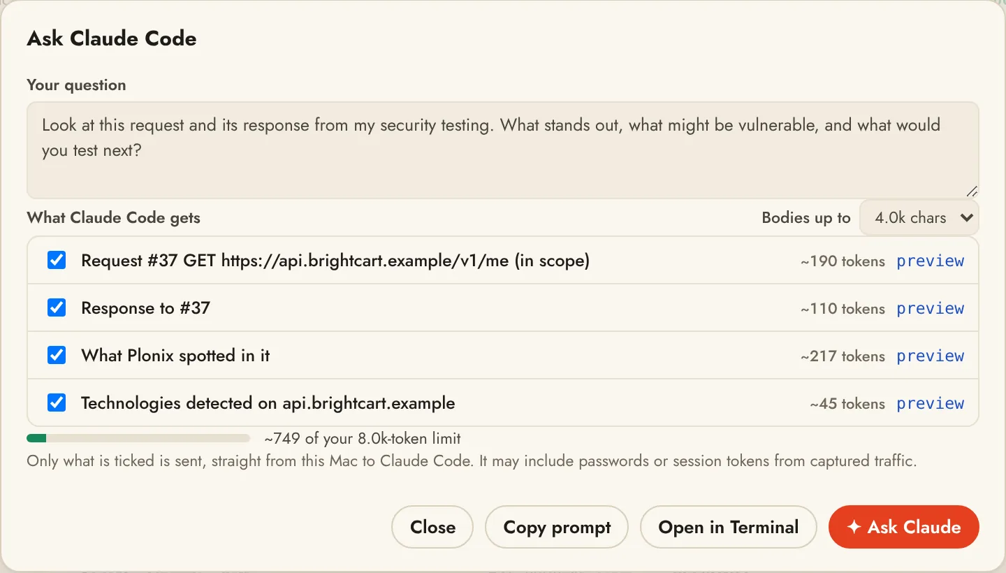 The Ask Claude Code dialog: a question and the request, response, spotted values and technologies it will share, each with a token count.