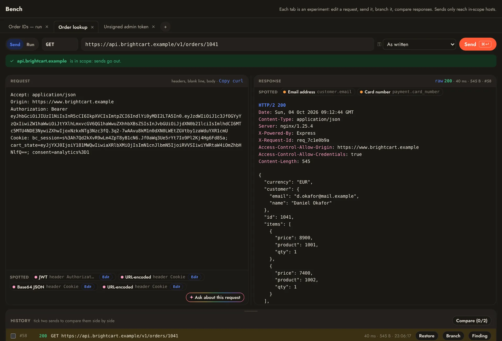 The Bench: a request on the left, its JSON response on the right, and the send history below with Restore, Branch and Finding buttons.