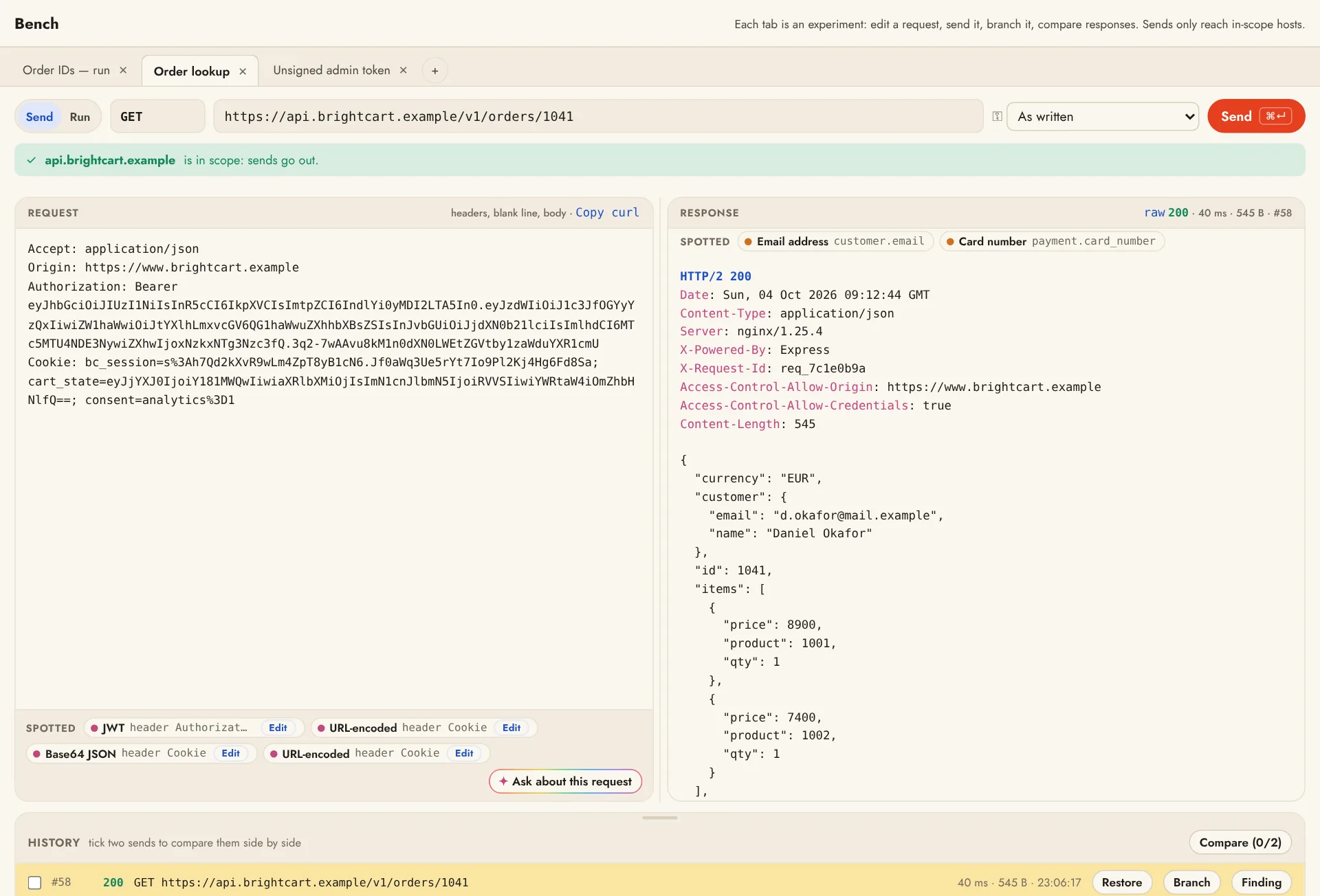 The Bench: a request on the left, its JSON response on the right, and the send history below with Restore, Branch and Finding buttons.
