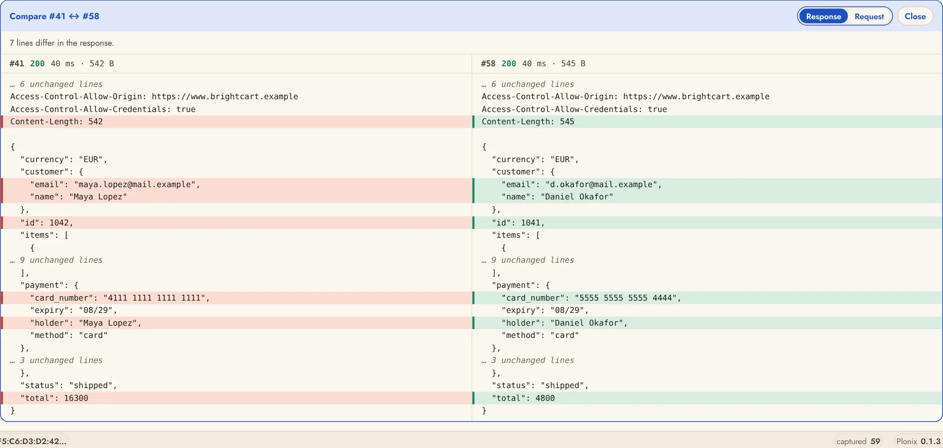 Compare view on the Bench: two order lookups side by side, with the changed lines highlighted. The second order shows another customer's name, email, card number and total.