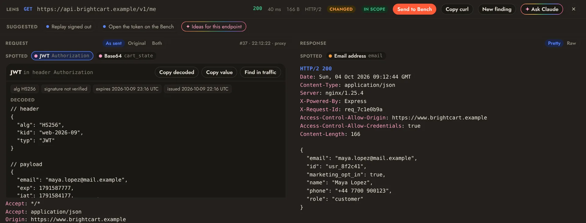 The Lens with a JWT spotted in the authorization header, its header decoded, and the token highlighted in the request.