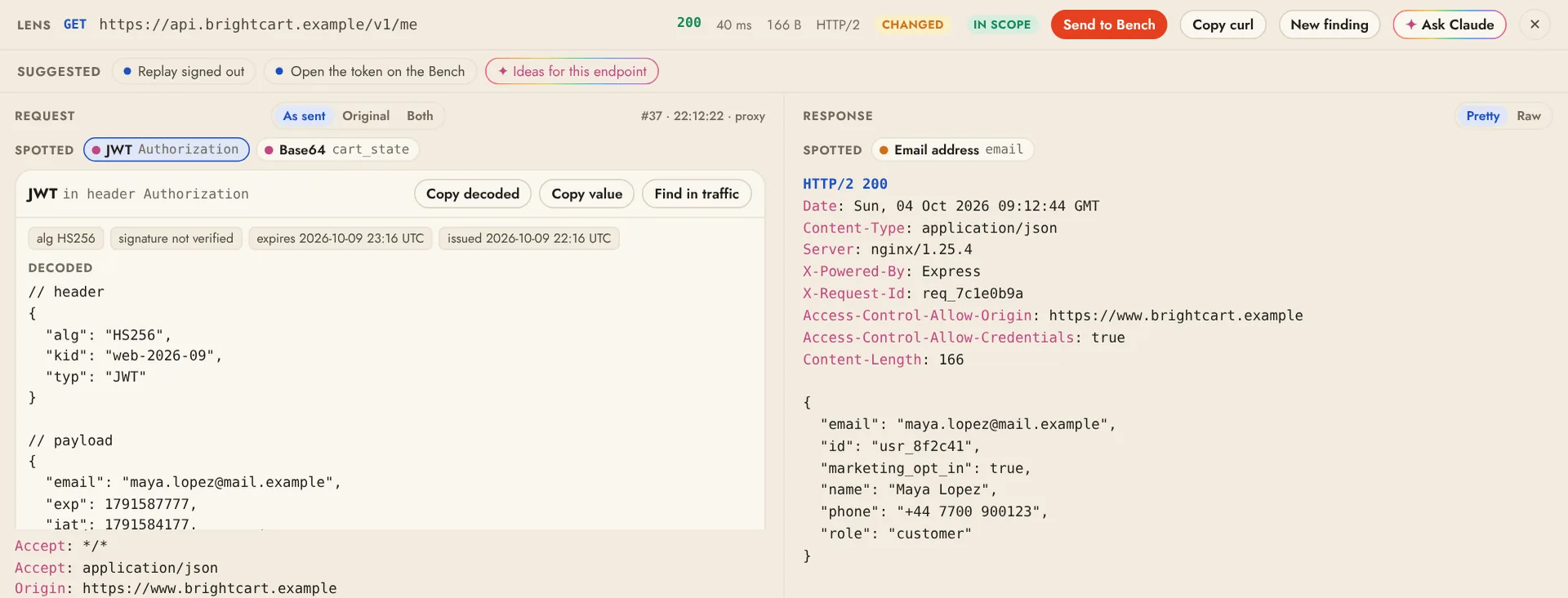 The Lens with a JWT spotted in the authorization header, its header decoded, and the token highlighted in the request