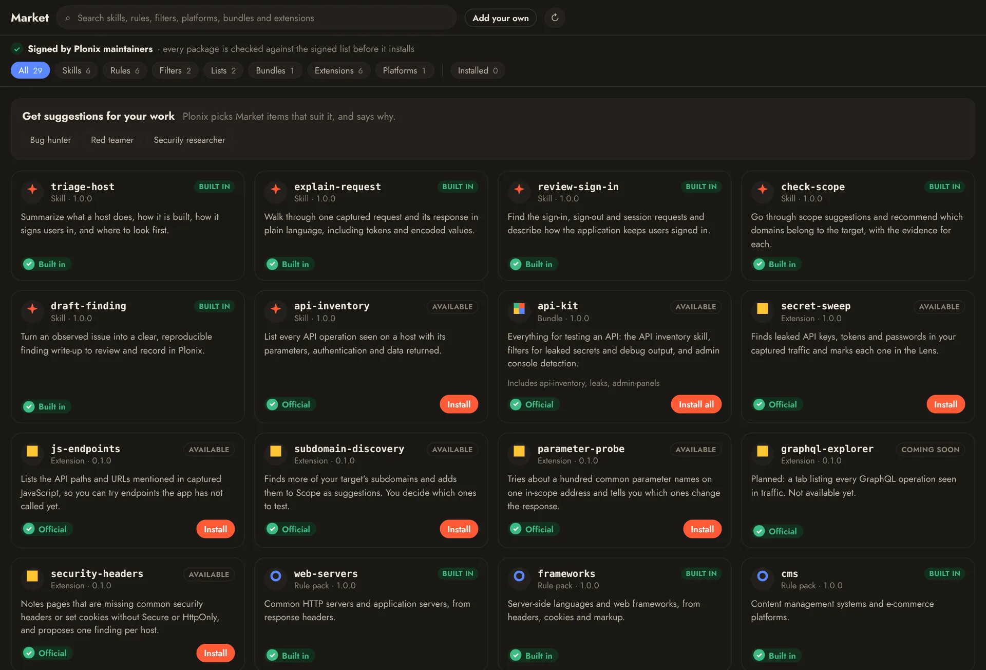 The Market: skills, extensions and rule packs, each marked Built in or Verified, with Install buttons.
