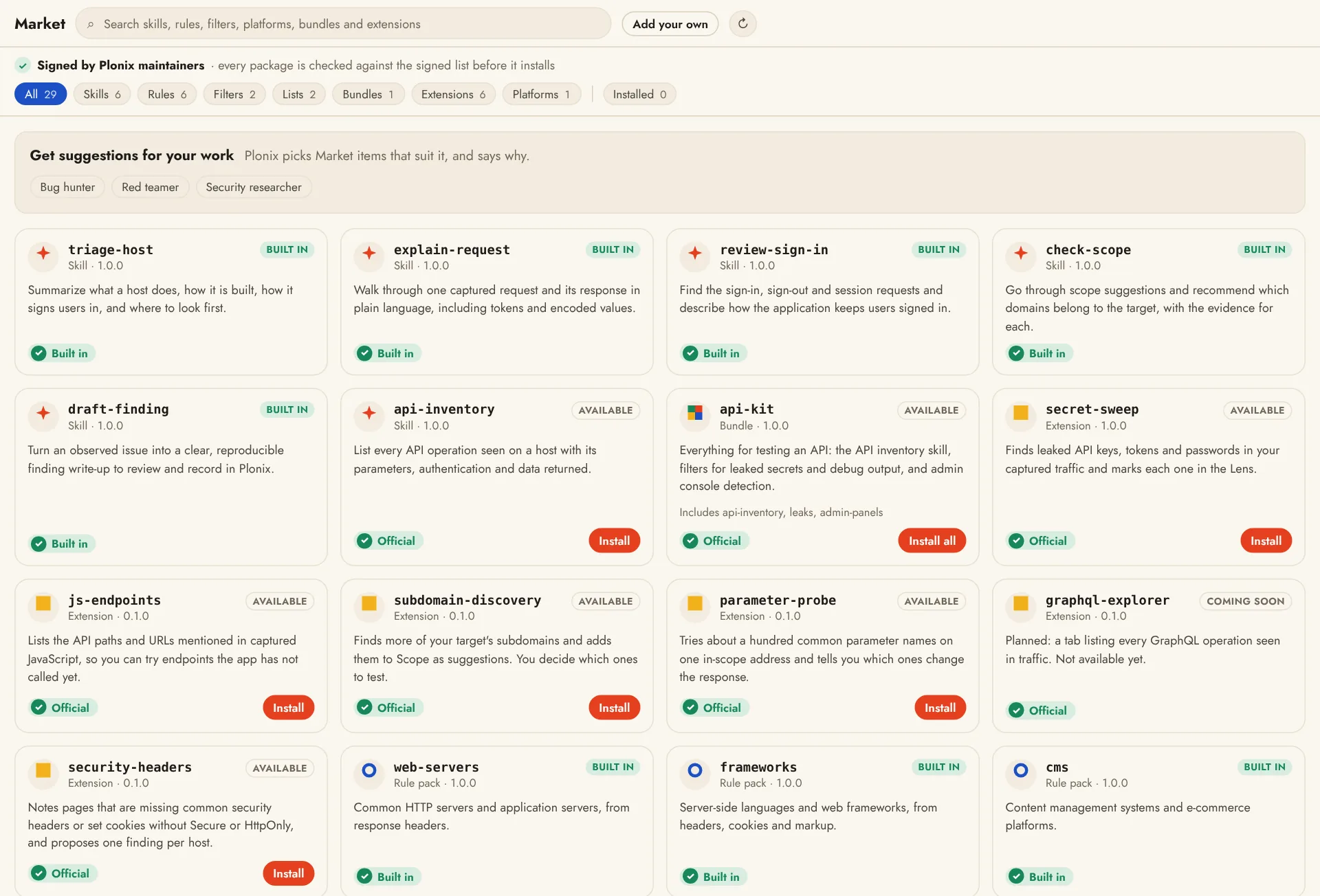The Market: skills, extensions and rule packs, each marked Built in or Verified, with Install buttons.
