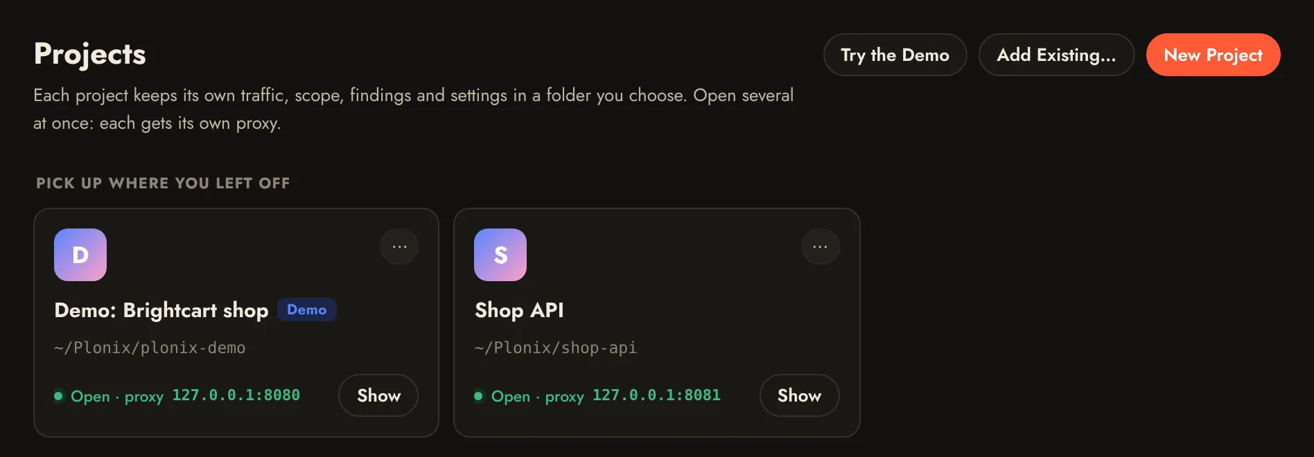 The Projects screen with two open projects, Shop API on proxy port 8081 and the Brightcart demo on port 8080.