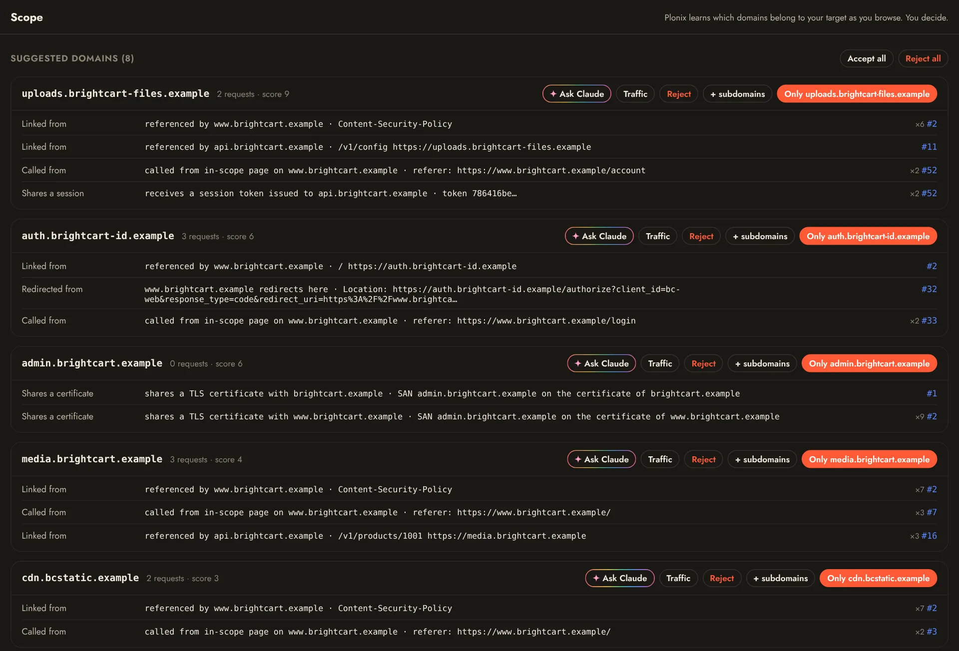 The Scope screen: suggested domains, each with the evidence that links it to the target, and buttons to accept or reject.