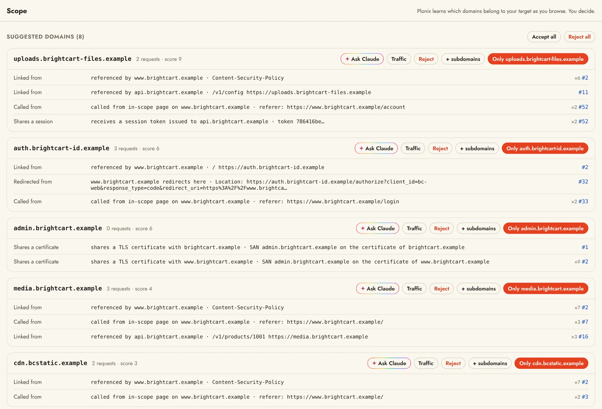 The Scope screen: suggested domains, each with the evidence that links it to the target, and buttons to accept or reject
