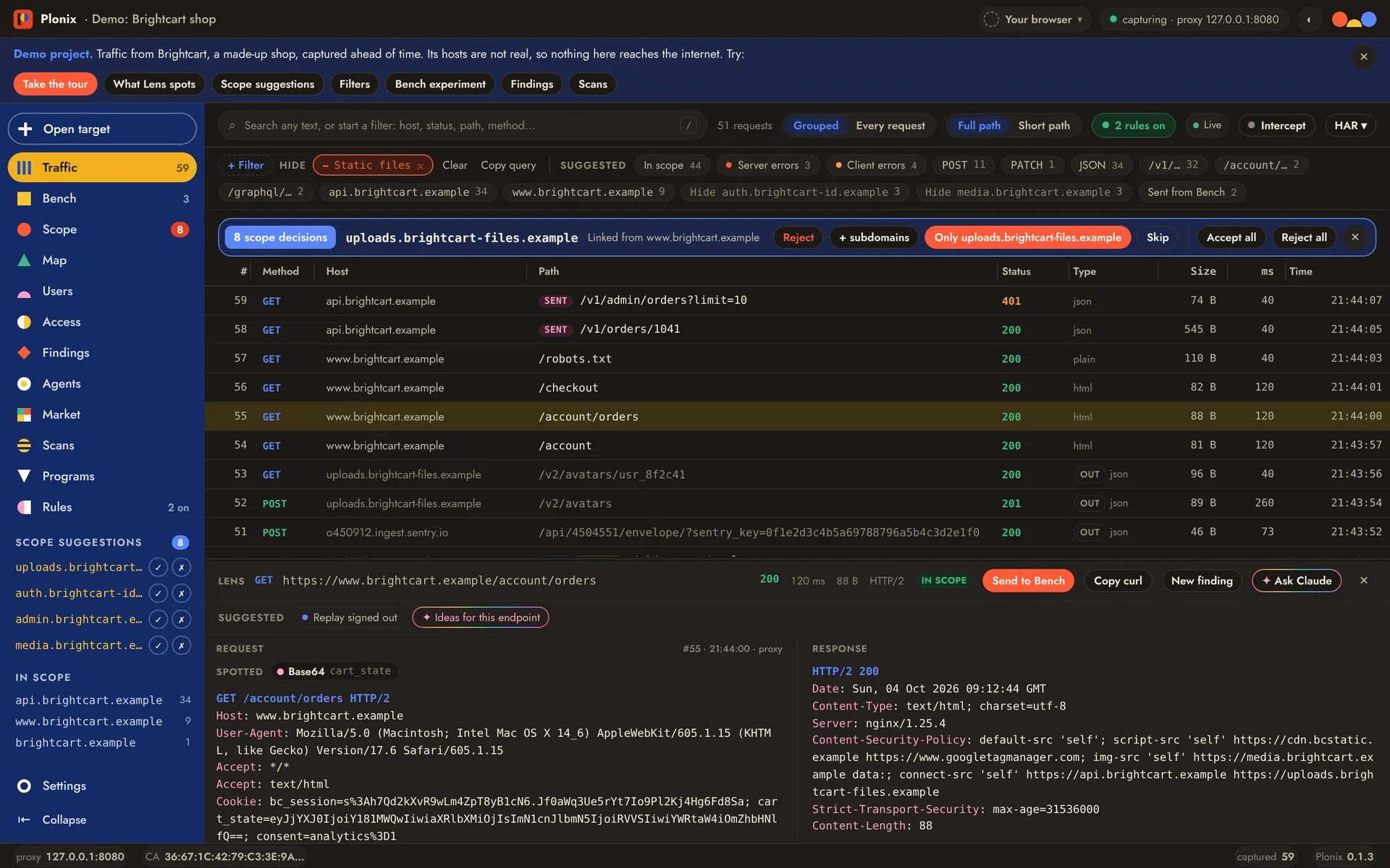 The Plonix window: live traffic with filter chips, a scope suggestion for a newly seen domain, and the Lens showing a request and its response.