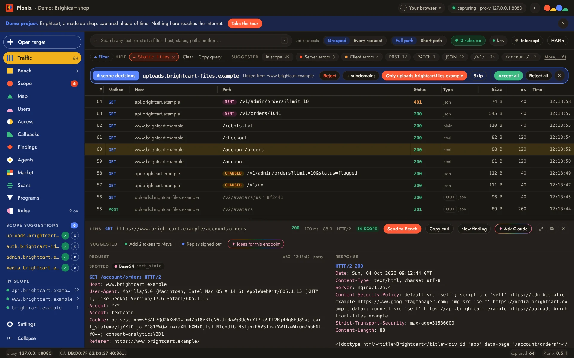 The Plonix window: live traffic with filter chips, a scope suggestion for a newly seen domain, and the Lens showing a request and its response