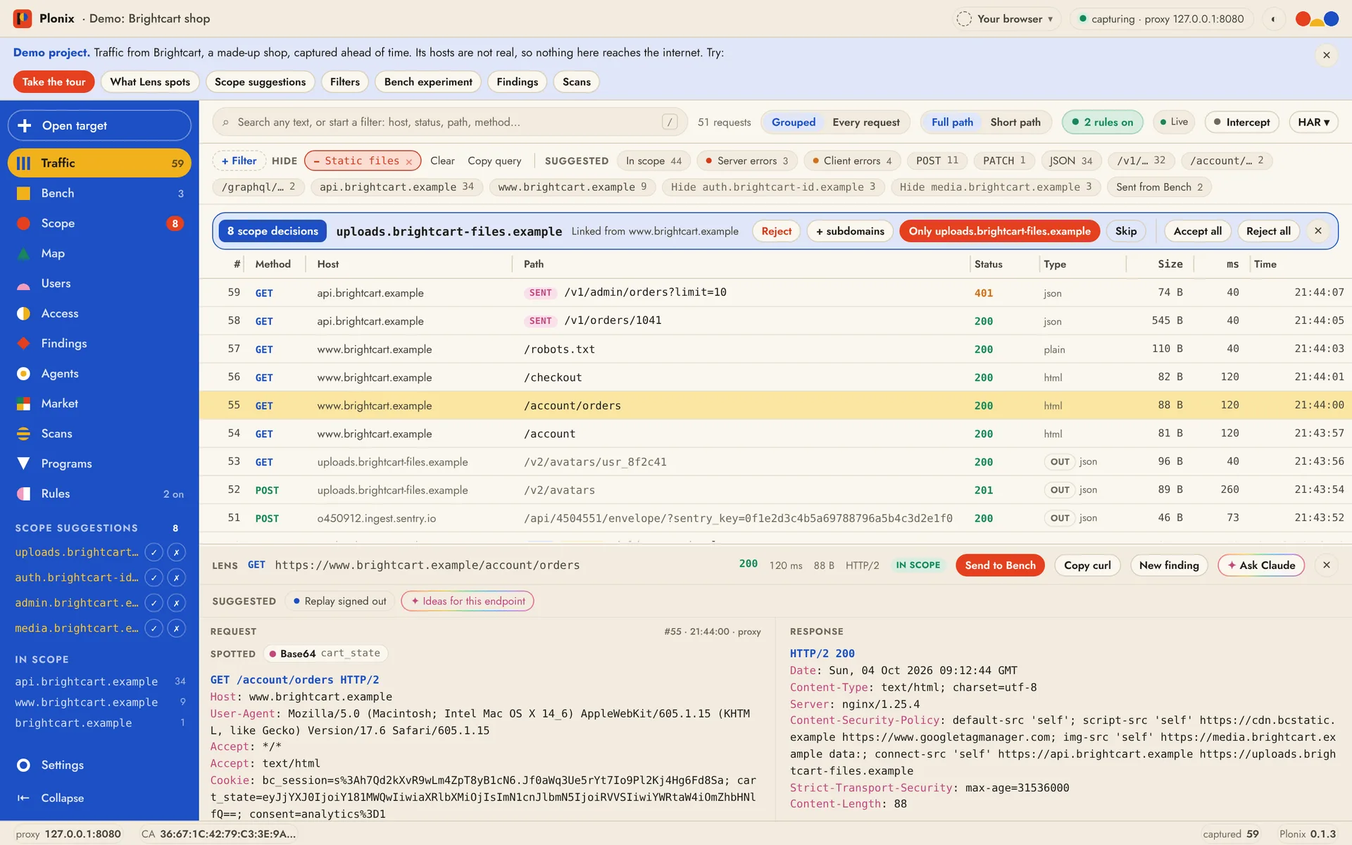 The Plonix window: live traffic with filter chips, a scope suggestion for a newly seen domain, and the Lens showing a request and its response.