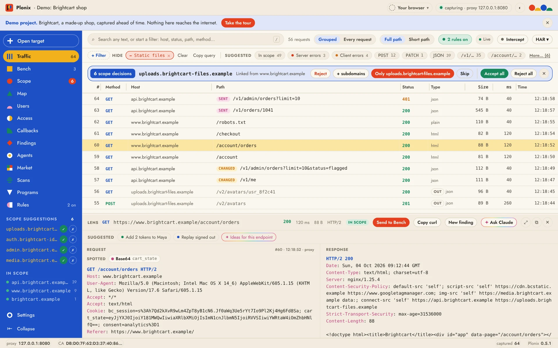 The Plonix window: live traffic with filter chips, a scope suggestion for a newly seen domain, and the Lens showing a request and its response.