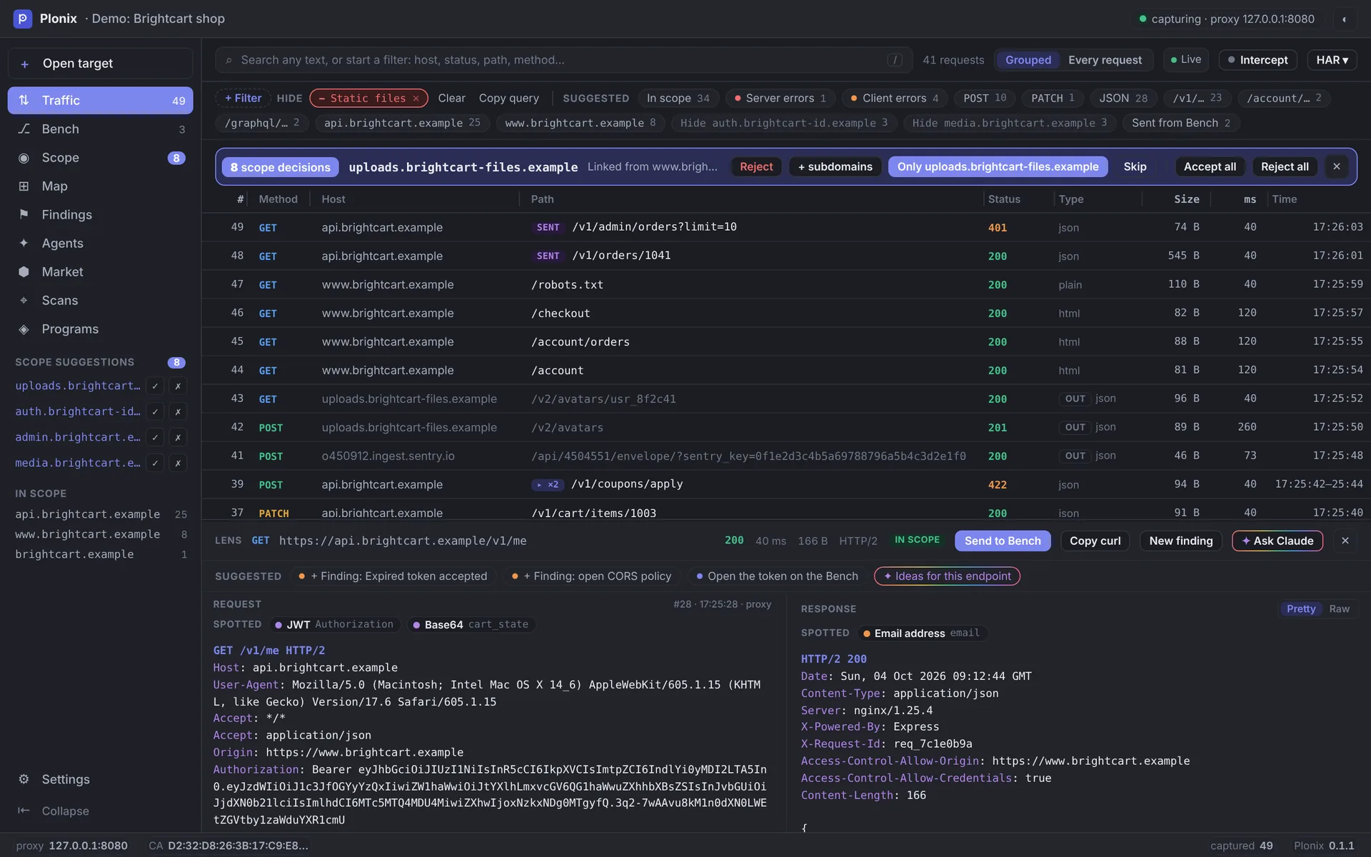 The Plonix window: live traffic with filter chips, a scope suggestion for a newly seen domain, and the Lens showing a request and its response.