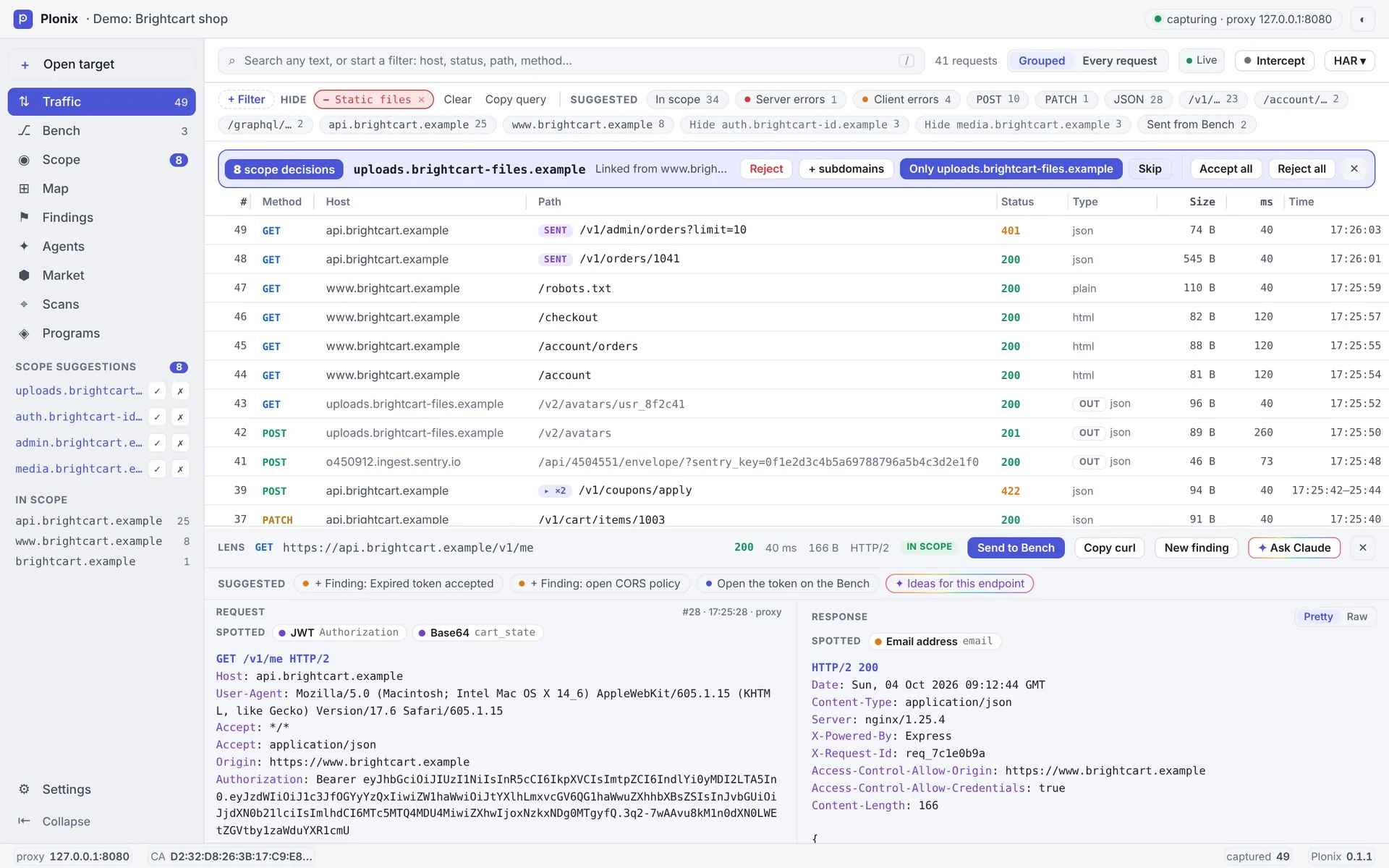 The Plonix window: live traffic with filter chips, a scope suggestion for a newly seen domain, and the Lens showing a request and its response.